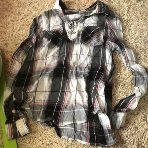 White black and pink plaid long sleeve shirt great condition size 12 kids